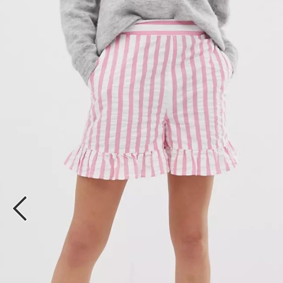 ASOS DESIGN pink stripe shorts with ruffle hem - Picture 1 of 6